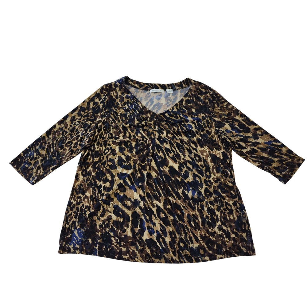 Liz Claiborne Woman 3X Leopard Animal Print V-Neck 3/4 Sleeve Knit Top Brown